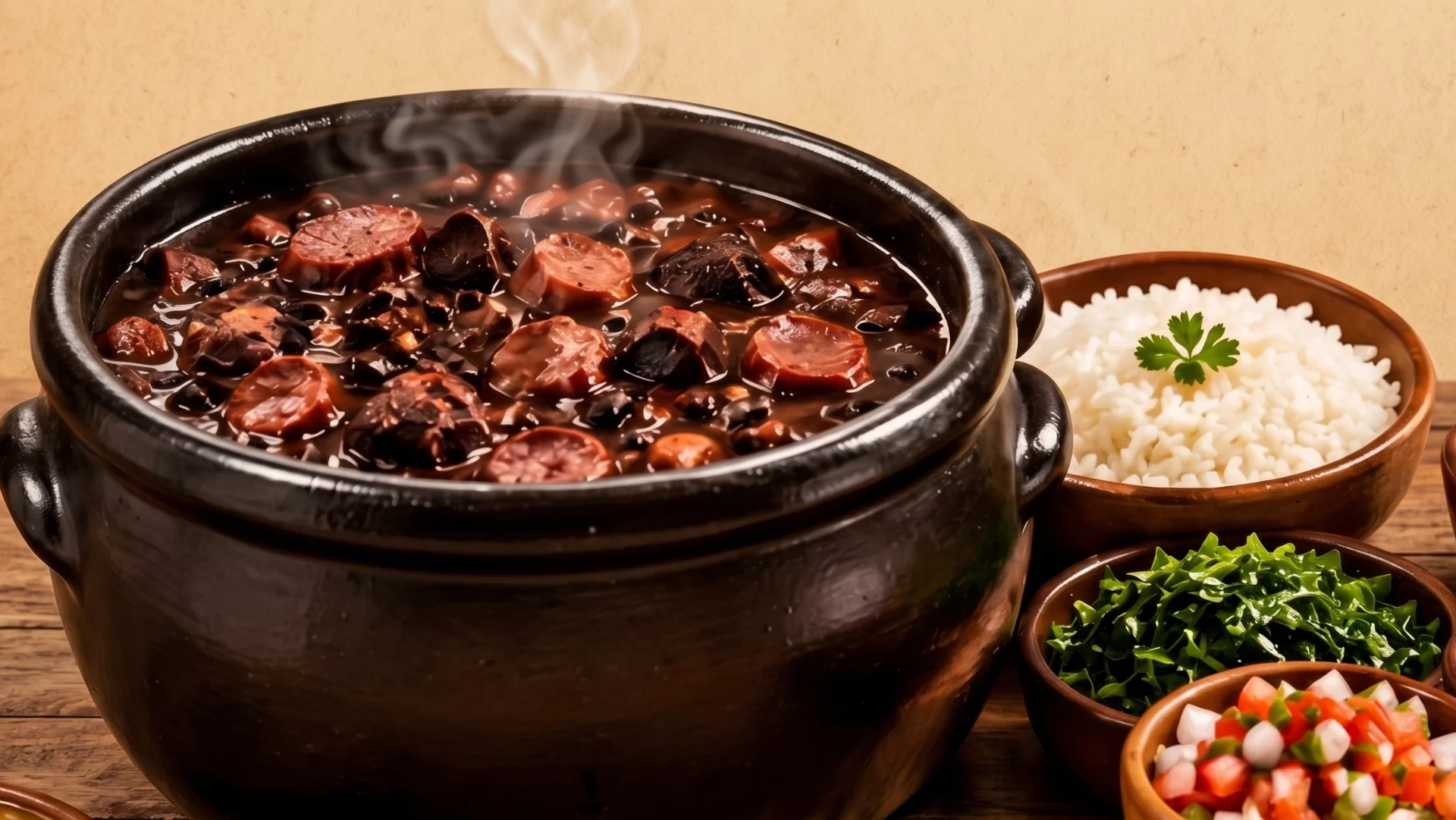 Feijoada acompanhada de arroz, couve e vinagrete